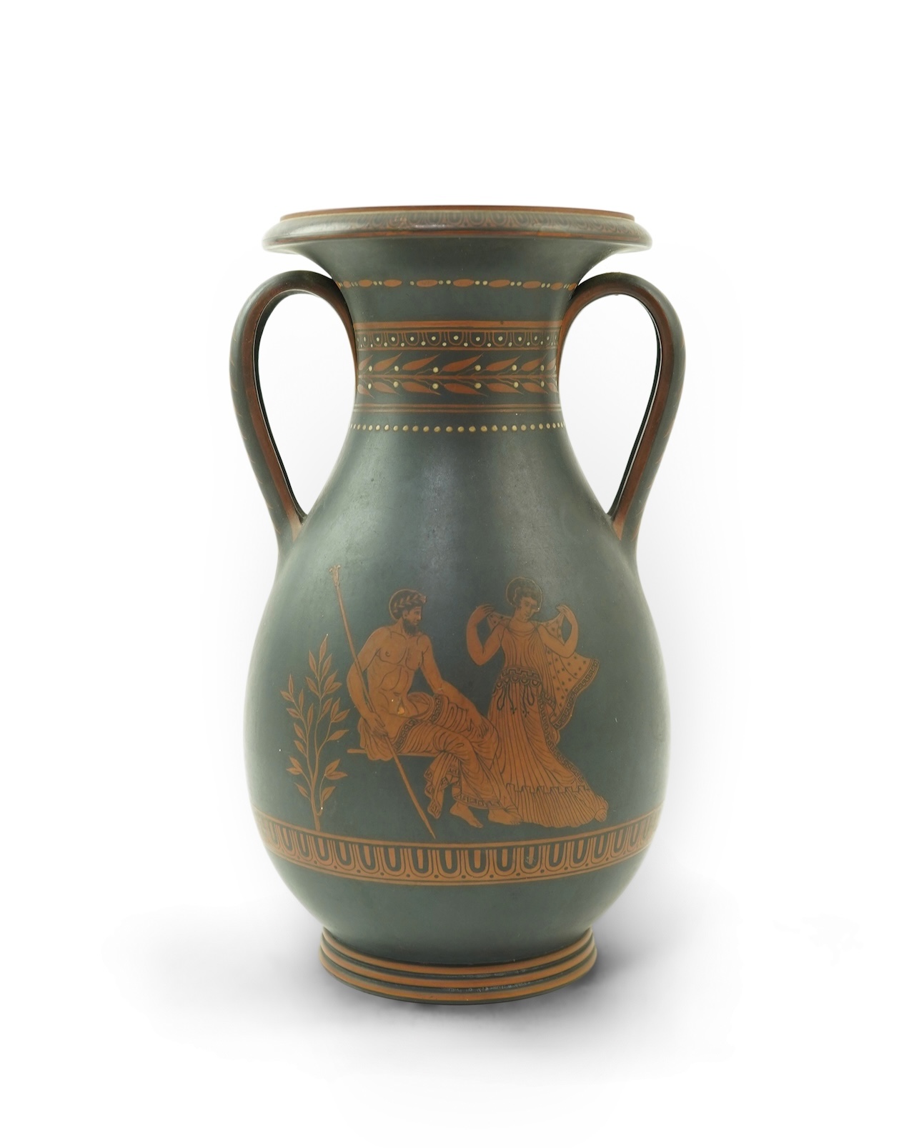 A rare Wedgwood encaustic decorated black basalt two handled baluster vase, late 18th century